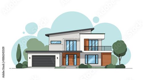 Contemporary two story house with a flat roof, large glass windows, a dark garage door, and lush green trees on a cloudy sky.