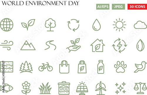 Diverse Collection of Eco-Friendly Line Icons for Environmental Protection and Sustainable Living