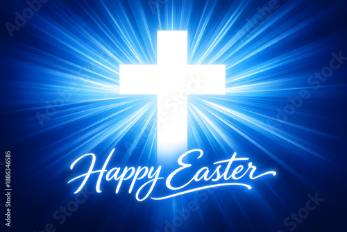 Luminous white Christian cross with brilliant blue light rays and Happy Easter message