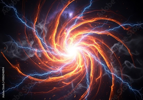 Intense energy vortex glows with radiating orange fire and bright blue electrical discharges against a dark background