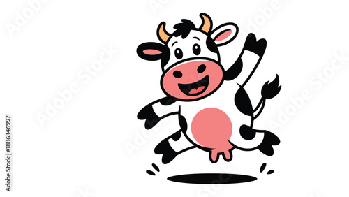 Joyful Jumping Cow: A cheerful cartoon cow with a wide grin and upbeat attitude leaps with unrestrained glee, spreading joy and positivity.