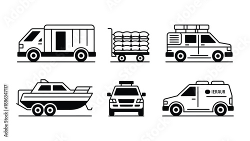 Transportation icons: Set of diverse transport icons, perfect for representing various forms of transport including a truck, wagon, car, boat, and van