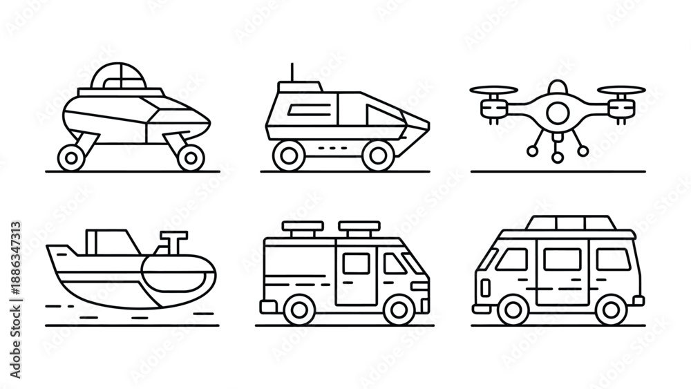 Obraz premium Futuristic Vehicles Set: A collection of various modern vehicle illustrations, perfect for representing modern technology and transport.