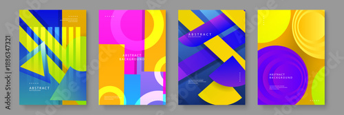 Abstract geometric background set showcasing artistic compositions of circles and lines with bright saturated color gradients for covers
