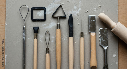 A collection of sculpting tools arranged on a gray surface with a rolling pin