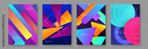 A set of four modern abstract posters featuring colorful geometric shapes and fluid gradient compositions for creative layouts