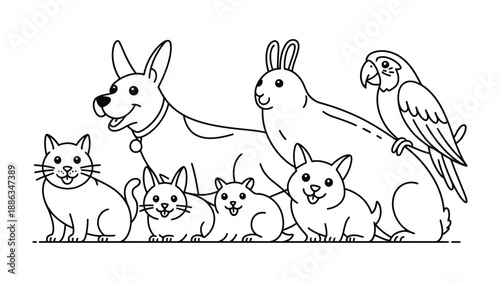 Friends Forever: A heart warming illustration of various adorable pets, illustrating the beauty of animal companionships.