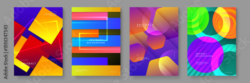 Unique abstract layouts featuring horizontal bars and overlapping square outlines in vibrant neon colors