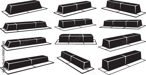 Collection of black gold bars in various orientations displayed