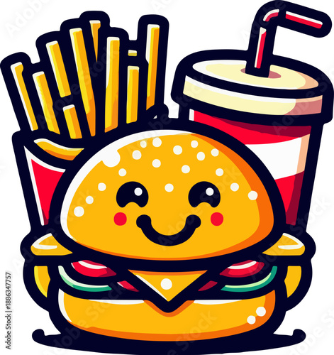 Adorable Cartoon Hamburger Character with a Cheerful Face, Holding a Bright Red Soda Cup and a Matching Box of Crispy French Fries, Ideal for Kids' Menus and Fast Food Brands.