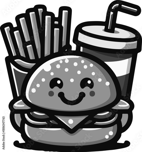 Adorable Cartoon Hamburger Character with a Cheerful Face, Holding a Bright Red Soda Cup and a Matching Box of Crispy French Fries, Ideal for Kids' Menus and Fast Food Brands