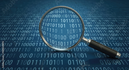 A magnifying glass is focused on a background of binary code numbers on a blue screen for data analysis and search.