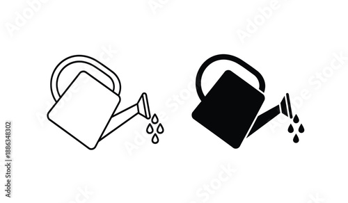 Black and white line and solid icon set of watering cans with water drops