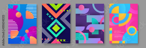 Set of abstract posters using mosaic-like geometric arrangements to create a sense of movement and flow