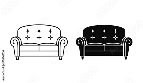 Two sofas in black and white on a plain background for design and furniture concepts