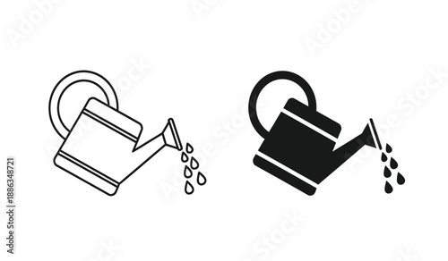 Black and white line art and solid black watering cans pouring water