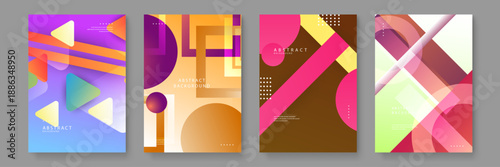 Four abstract poster designs featuring squares circles and triangles in warm orange pink and purple hues with modern patterns