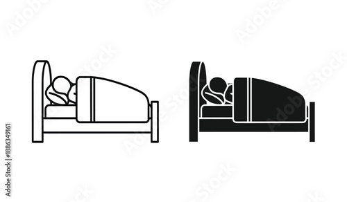 Black and white line art illustration of a person sleeping in bed with two different styles