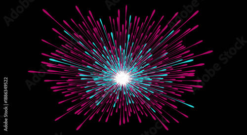 A vibrant abstract explosion of pink and cyan light rays bursts outwards from a bright white core against a dark background, creating a dynamic visual effect.