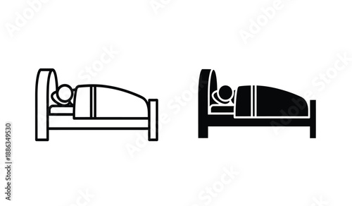 Black and white line icons of people sleeping in beds