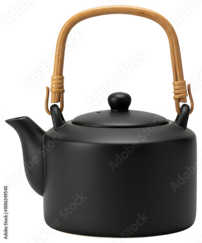 Matte black ceramic teapot with curved bamboo wood handle isolated on a transparent background