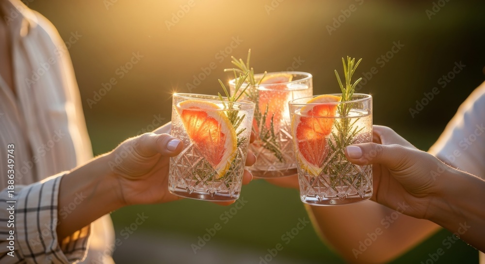 custom made wallpaper toronto digitalPeople clinking grapefruit rosemary cocktails at sunset garden party