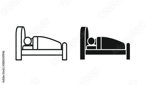 Black and white line icons of a person sleeping in bed from different angles
