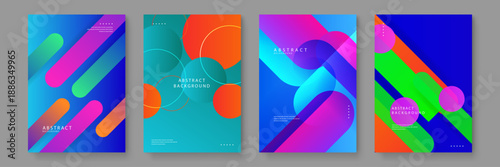 Professional abstract background set with diagonal rounded bars and circular elements in vibrant purple and blue tones