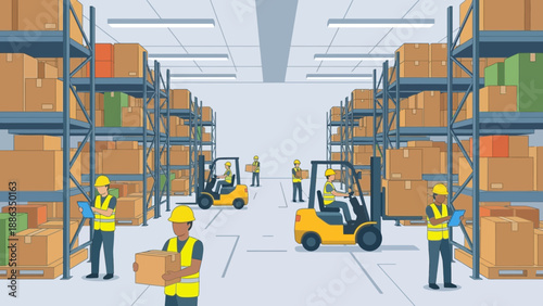 Indoor Warehouse with Workers and Equipment in Storage Facility