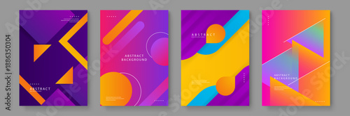 Stylish background set featuring sharp triangles and diagonal elements with vibrant purple and orange color transitions