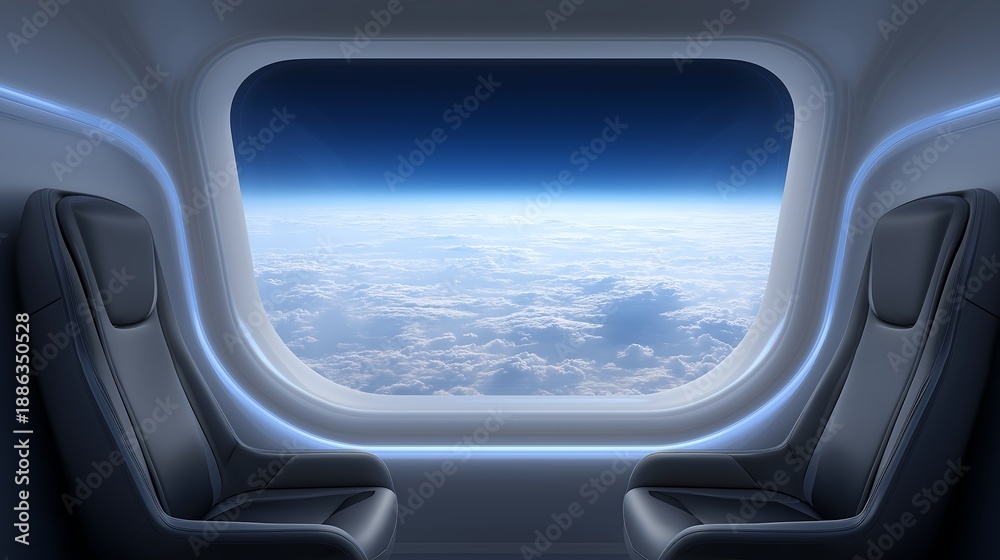Naklejka premium Futuristic Space Tourism Interior with Earth View Through Large Window and Luxury Design