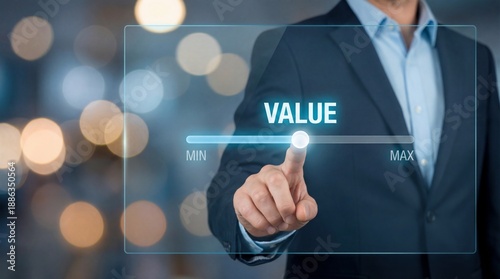 Businessman adjusting value slider in futuristic interface with blue glow in dark bokeh background for technology