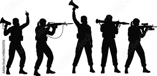 Black silhouette group of armed soldiers in tactical positions, military combat team with rifles and megaphones, security, defense and special forces concept isolated on white background illustration