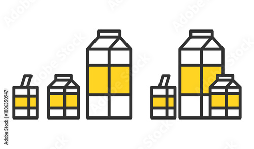 紙パック飲料のサイズ比較イラスト（小容量・大容量セット）。Carton Drink Size Comparison Illustration.