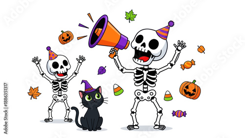 Halloween Skeletons Party with Cat and Megaphone