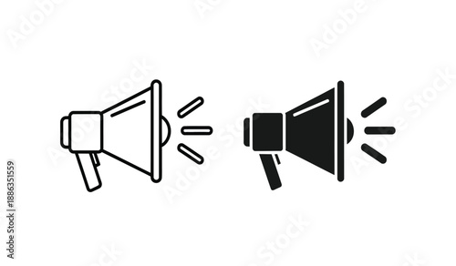 Two megaphones one black and one white in line art style