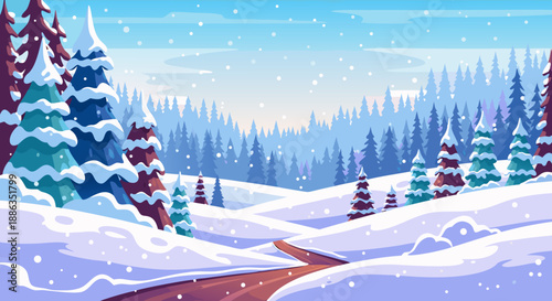 Beautiful Winter Landscape Vector Illustration of a Snow Covered Forest with a Winding Road, Perfect for Seasonal Designs