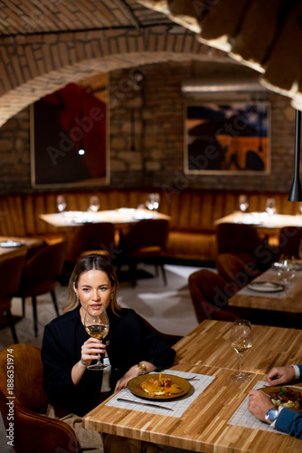 Woman enjoys dinner at rest...