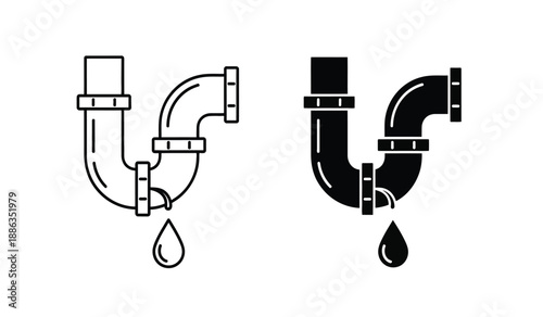 Black and white line art illustrations of leaking pipe fittings with water drops