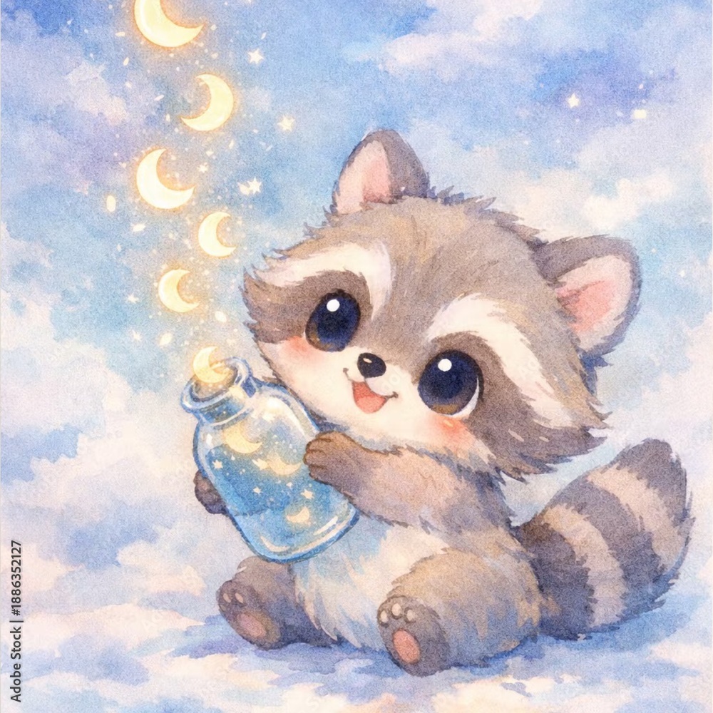 Fototapeta premium Cute Watercolor Raccoon Holding a Bottle of Moonlight in the Sky