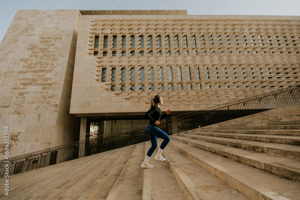 Fototapeta premium Woman exercises on steps of building in Malta while doing cardio workout