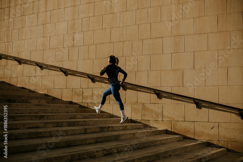 Woman exercises by running ...