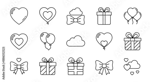 Valentine Day Line Icons: Ribbon Bows, Heart Balloons, Gift Boxes, and Romantic Design Elements