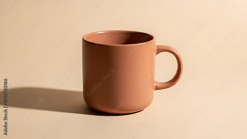Obraz premium Simple terracotta ceramic mug casting a sharp shadow against a solid beige background representing minimalist design and modern kitchenware.