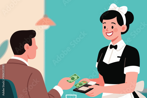 Illustration Of A Customer Who Has Finished Eating And Is About To Pay  Vector Design Template