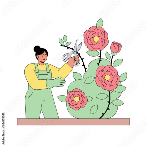 Woman gardening and pruning roses with scissors in a colorful setting  