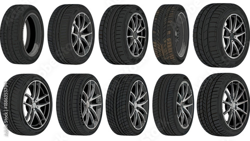 Collection of Car Tires and Rims, Various Designs and Tread Patterns