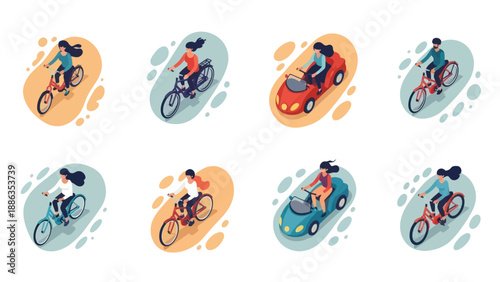 Eco-friendly transport: People cycling and driving electric cars, isometric illustration