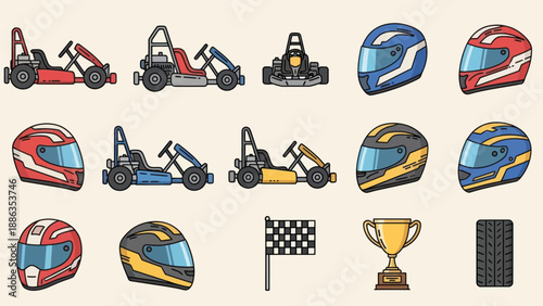 Go Kart Racing Equipment Icons: Cars, Helmets, Trophy, Checkered Flag, Tire
