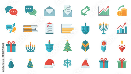Holiday Icons: Christmas, Hanukkah, Gifts, Business Growth, Communication, Data